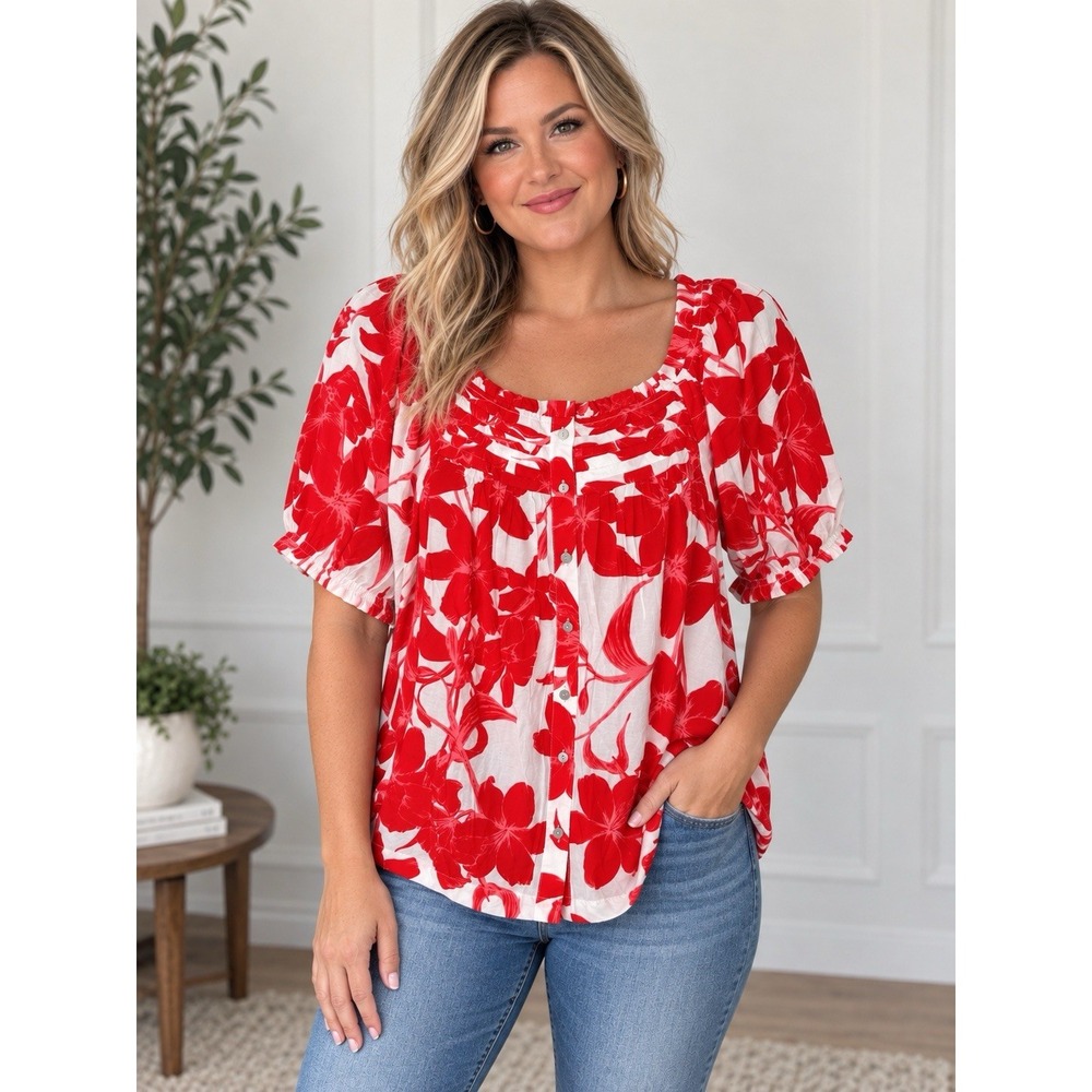 Rose + Olive Women's Red White Floral Top Short Sleeve Plus Size 1X New NWT